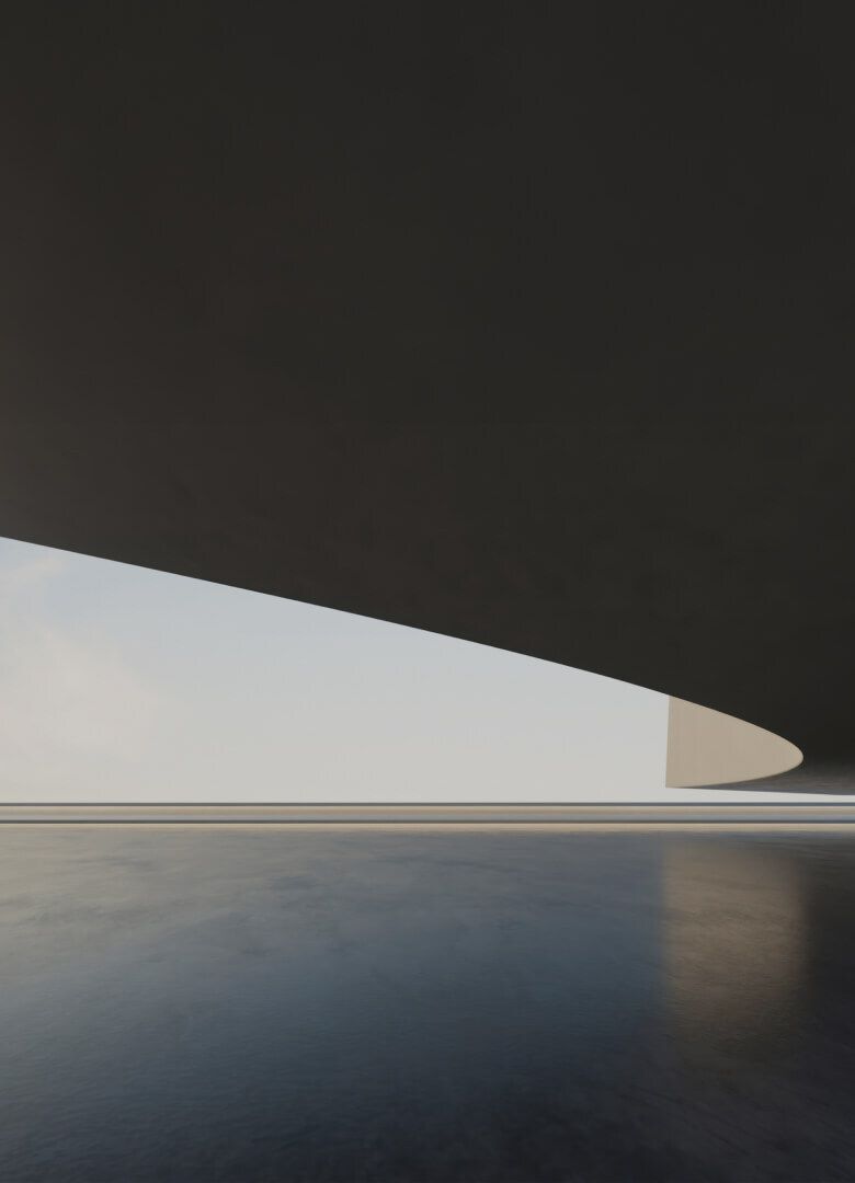Minimalist architecture featuring a curved roof structure over reflective flooring - Neutrinos