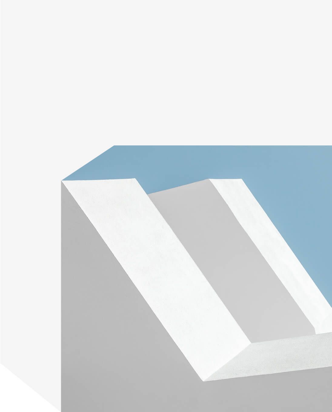 Minimalist architectural structure with white geometric forms against light blue background - Neutrinos