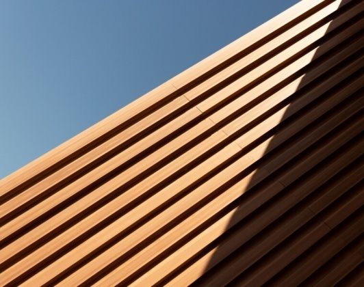 Diagonal view of modern wooden architectural paneling against a clear blue background-Neutrinos