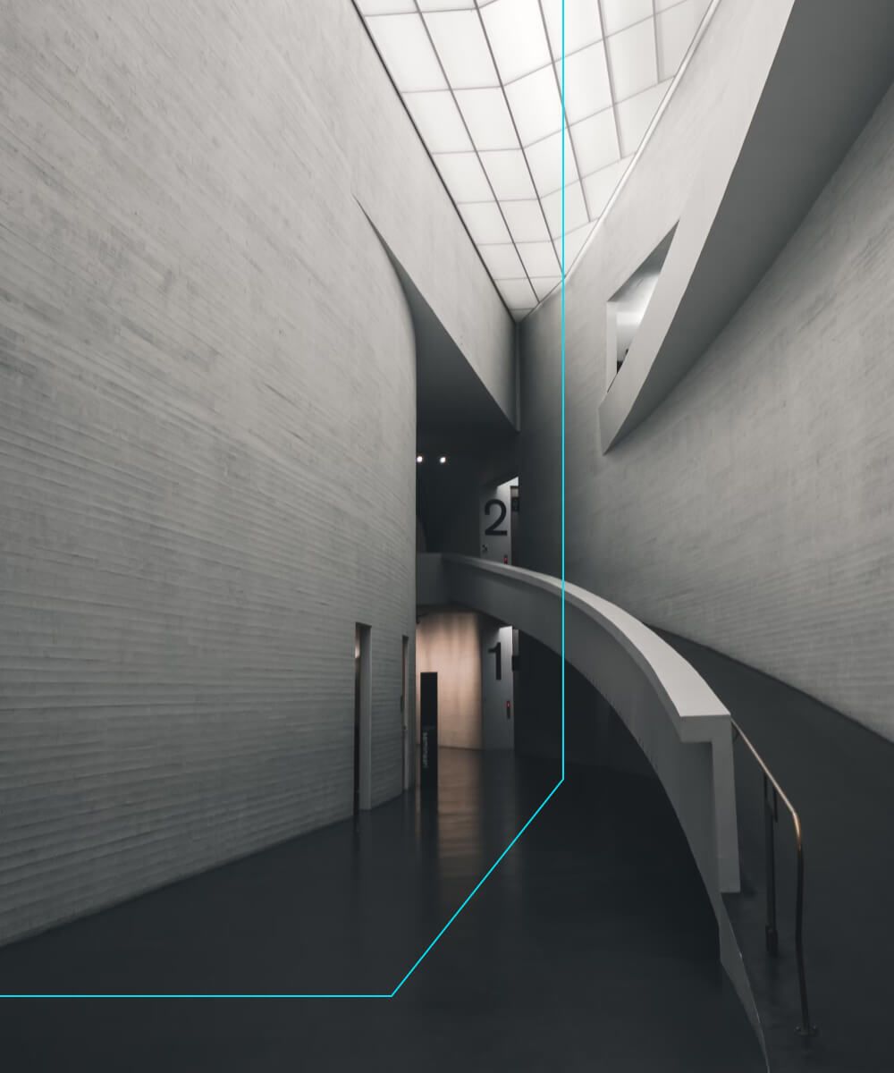 Futuristic hallway with curved walls and digital design overlay – Neutrinos