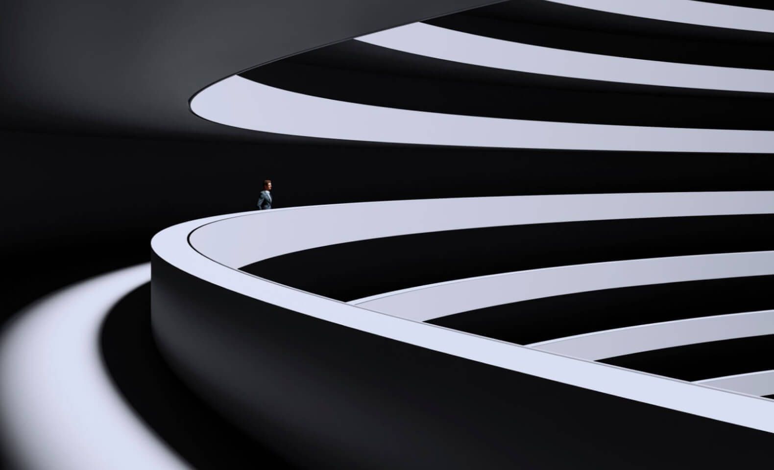 Lone person walking on curved futuristic architectural ramp in a dark abstract space - Neutrinos