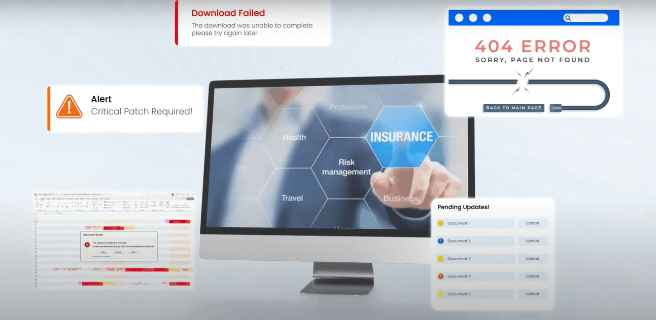Insurance risk management screen with critical alerts, patch updates, and system error messages – Neutrinos